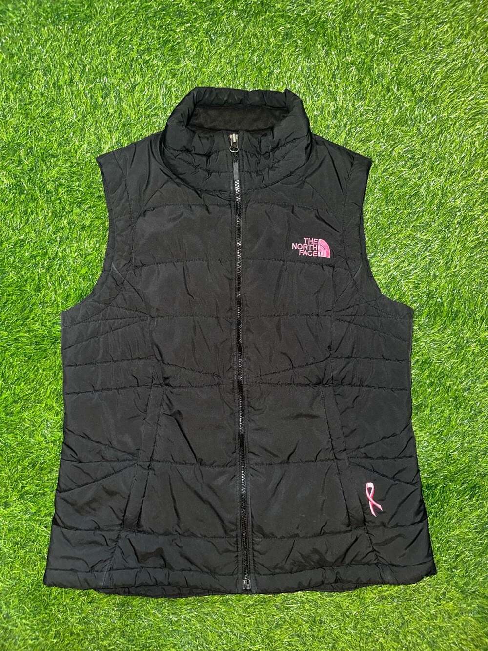 The North Face Women's Black Quilted Puffer Vest with Pink Logo and Ribbon Size